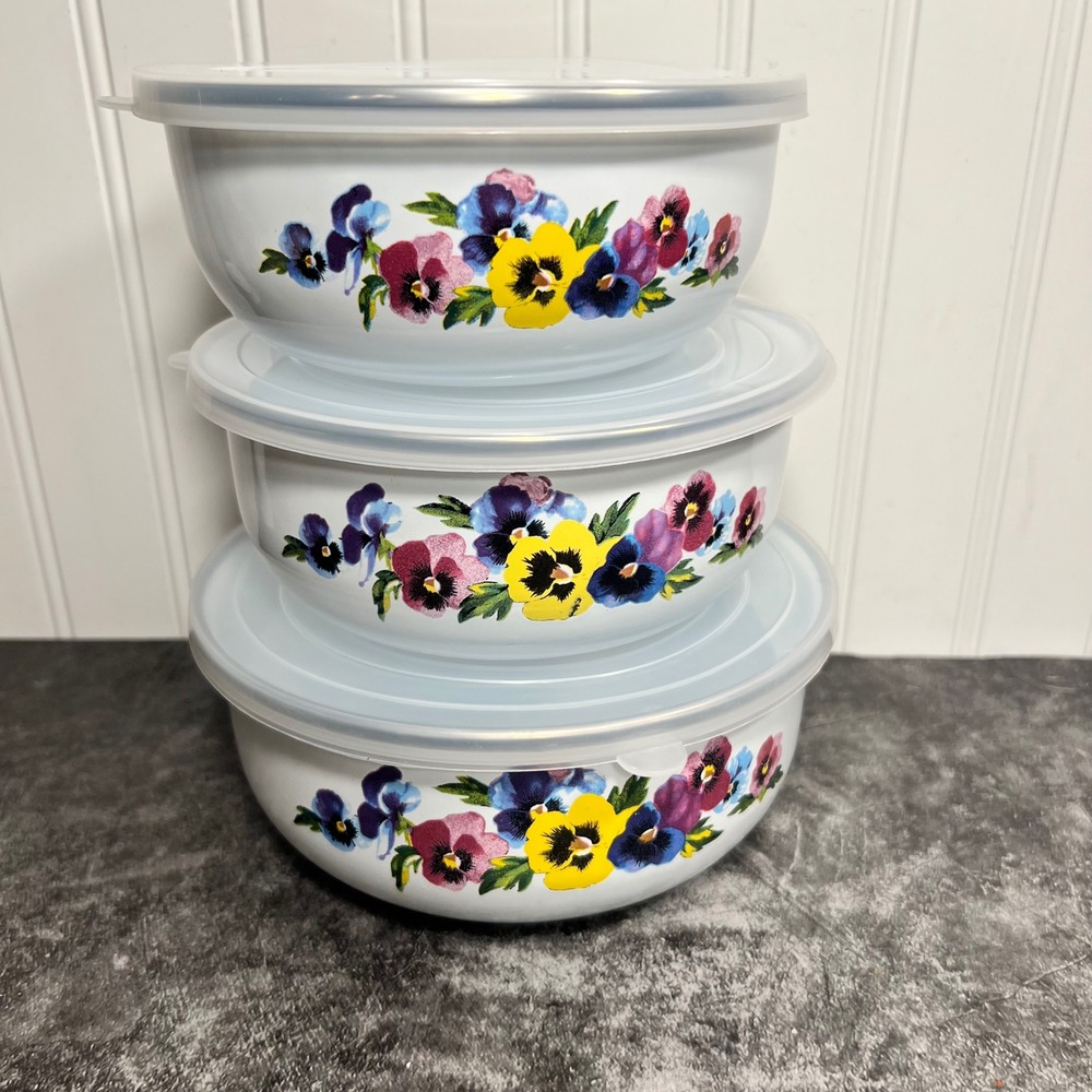 Vintage GMI Pansy Floral Enamelware | Set of 3 with Lids | Cottage